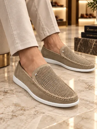 Detector Men's Beige Perforated Leather Loafers with Rubber Soles