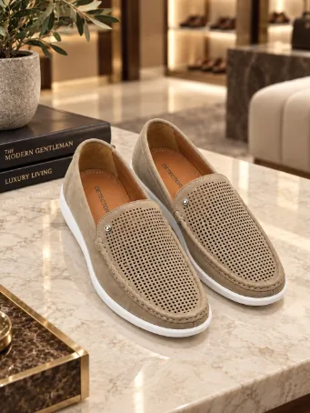 Detector Men's Beige Perforated Leather Loafers with Rubber Soles