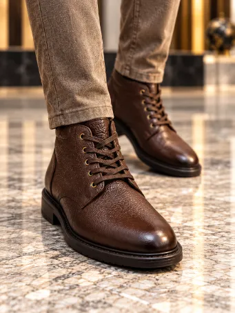Men's Brown Textured Genuine Leather Lace-Up Boots