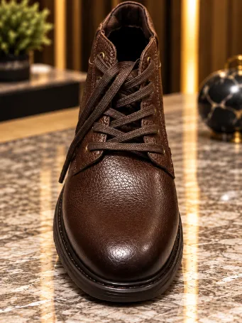 Men's Brown Textured Genuine Leather Lace-Up Boots