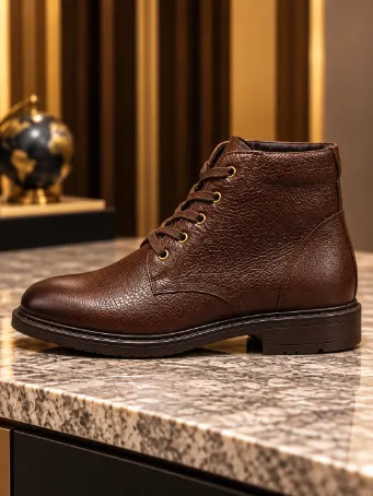 Men's Brown Textured Genuine Leather Lace-Up Boots