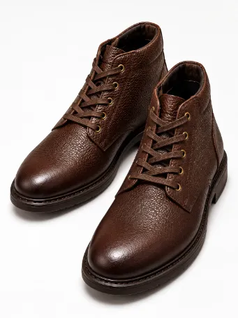 Men's Brown Textured Genuine Leather Lace-Up Boots