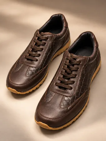 Men's Brown Croc-Pattern Genuine Leather Sneakers