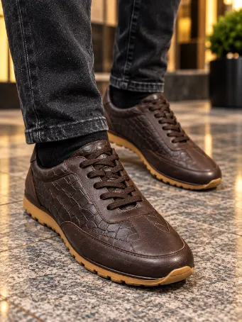 Men's Brown Croc-Pattern Genuine Leather Sneakers