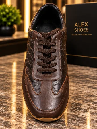 Men's Brown Croc-Pattern Genuine Leather Sneakers