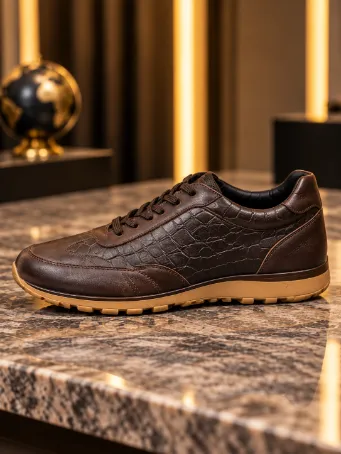 Men's Brown Croc-Pattern Genuine Leather Sneakers