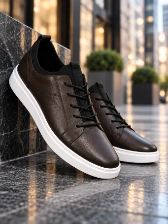 Men's Dark Brown Genuine Leather Sneakers with White Soles