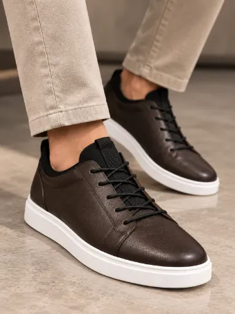 Men's Dark Brown Genuine Leather Sneakers with White Soles