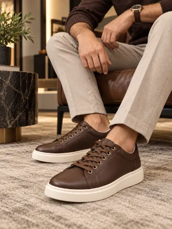 Men's Dark Brown Leather Sneakers with Off-White Soles