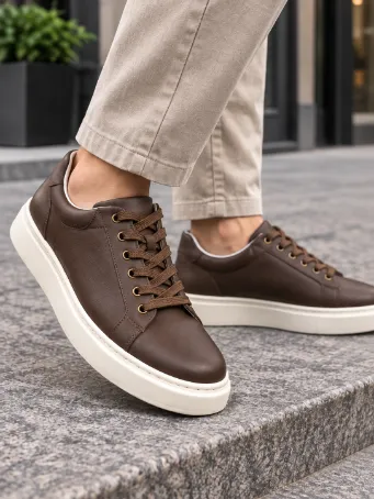 Men's Dark Brown Leather Sneakers with Off-White Soles