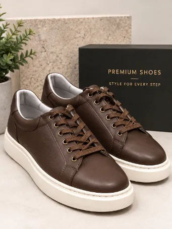 Men's Dark Brown Leather Sneakers with Off-White Soles