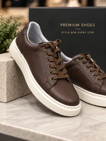 Men's Dark Brown Leather Sneakers with Off-White Soles