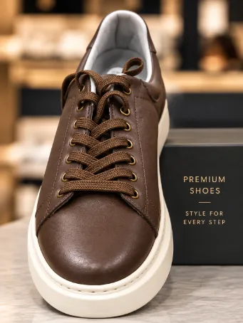 Men's Dark Brown Leather Sneakers with Off-White Soles