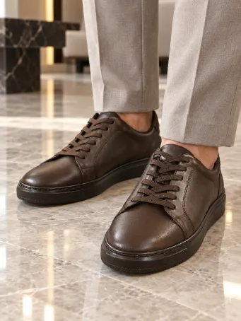 Men's Dark Brown Genuine Leather Sneakers with Tonal Soles