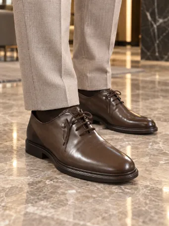 Men's Dark Brown Genuine Leather Shoes with Zip Detail