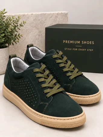 Men's Dark Green Genuine Suede Sneakers with Tan Soles