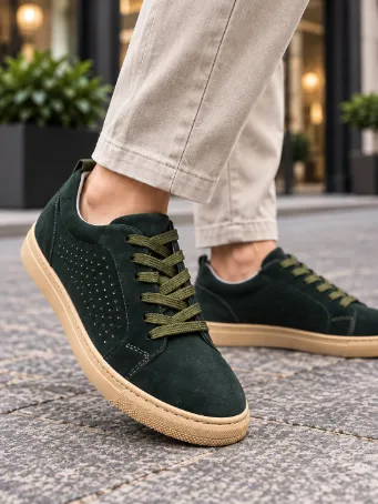 Men's Dark Green Genuine Suede Sneakers with Tan Soles