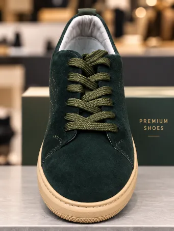 Men's Dark Green Genuine Suede Sneakers with Tan Soles