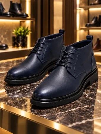 Men's Navy Genuine Leather Lace-Up Boots