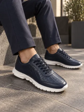 Men's Navy Croc-Pattern Genuine Leather Sneakers