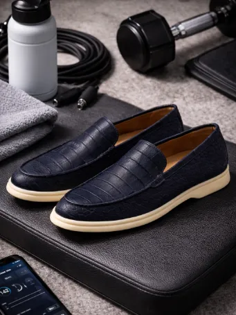 Modern Dokulu Lacivert Erkek Loafer Günlük Slip-On Ayakkabı