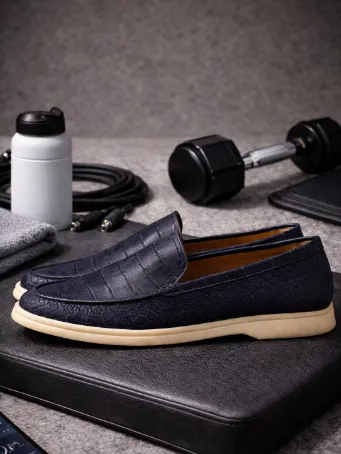 Modern Dokulu Lacivert Erkek Loafer Günlük Slip-On Ayakkabı