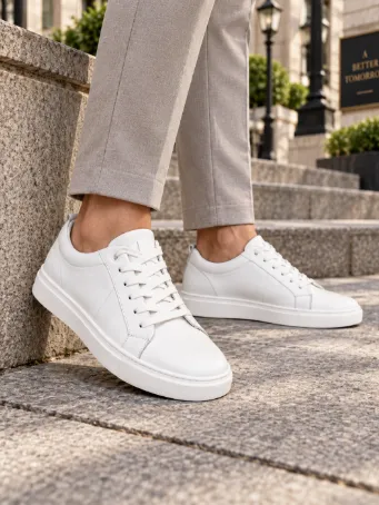Premium Men's White Genuine Leather Sneakers