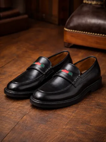 Prestige Şerit Detaylı Siyah Deri Erkek Loafer Ayakkabı