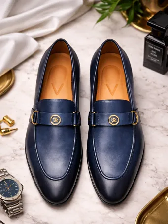 Royal Toka Detaylı Lacivert Deri Erkek Loafer Ayakkabı