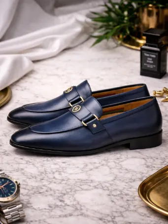 Royal Toka Detaylı Lacivert Deri Erkek Loafer Ayakkabı
