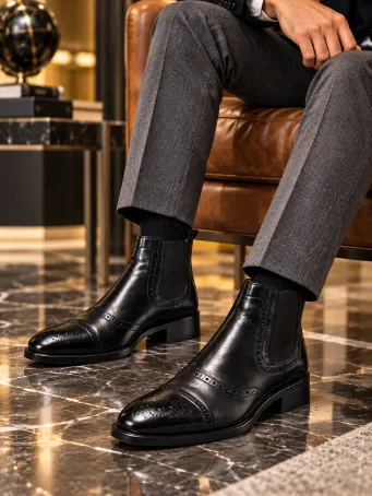 Black Genuine Leather Brogue Chelsea Men's Boots