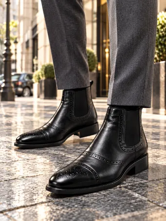 Black Genuine Leather Brogue Chelsea Men's Boots