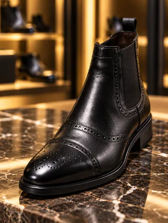 Black Genuine Leather Brogue Chelsea Men's Boots
