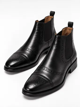 Black Genuine Leather Brogue Chelsea Men's Boots