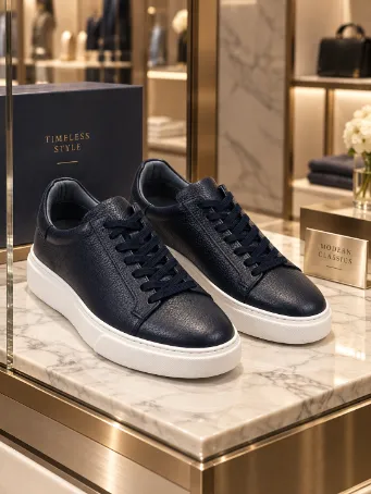 Men's Black Genuine Leather Sneakers with White Soles