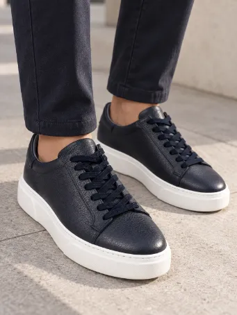 Men's Black Genuine Leather Sneakers with White Soles