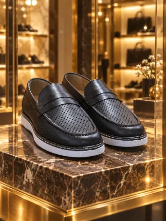 Men's Black Perforated Leather Loafers with White Soles