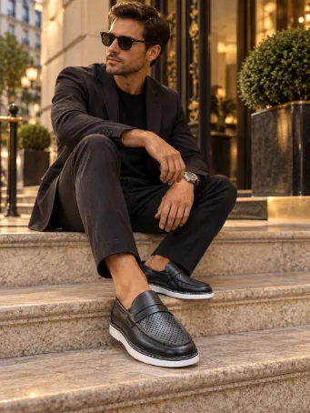 Men's Black Perforated Leather Loafers with White Soles