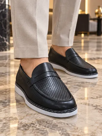 Men's Black Perforated Leather Loafers with White Soles