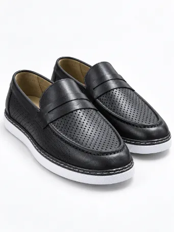 Men's Black Perforated Leather Loafers with White Soles