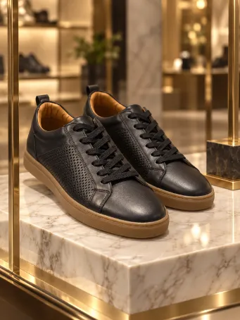 Men's Black Perforated Leather Sneakers with Tan Soles