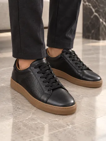 Men's Black Perforated Leather Sneakers with Tan Soles