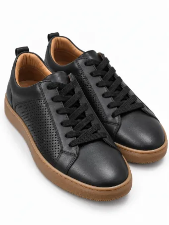 Men's Black Perforated Leather Sneakers with Tan Soles