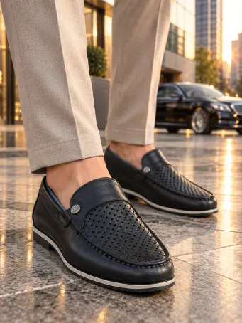 Men's Black Genuine Leather Perforated Woven-Pattern Loafers