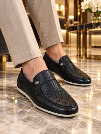 Men's Black Genuine Leather Perforated Woven-Pattern Loafers
