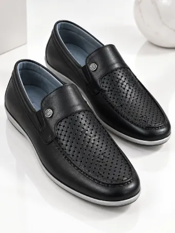 Men's Black Genuine Leather Perforated Woven-Pattern Loafers