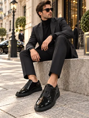 Men's Black Genuine Patent Leather Shoes with Elastic Band