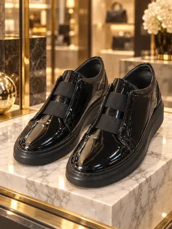 Men's Black Genuine Patent Leather Shoes with Elastic Band