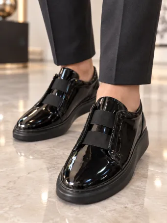 Men's Black Genuine Patent Leather Shoes with Elastic Band