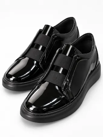 Men's Black Genuine Patent Leather Shoes with Elastic Band